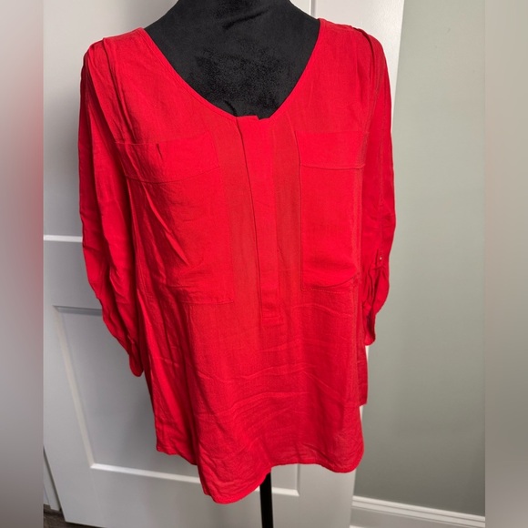 Anthropologie Maeve Popover Shirt Red Roll Tab Sleeve Scoop Pockets - Picture 1 of 8